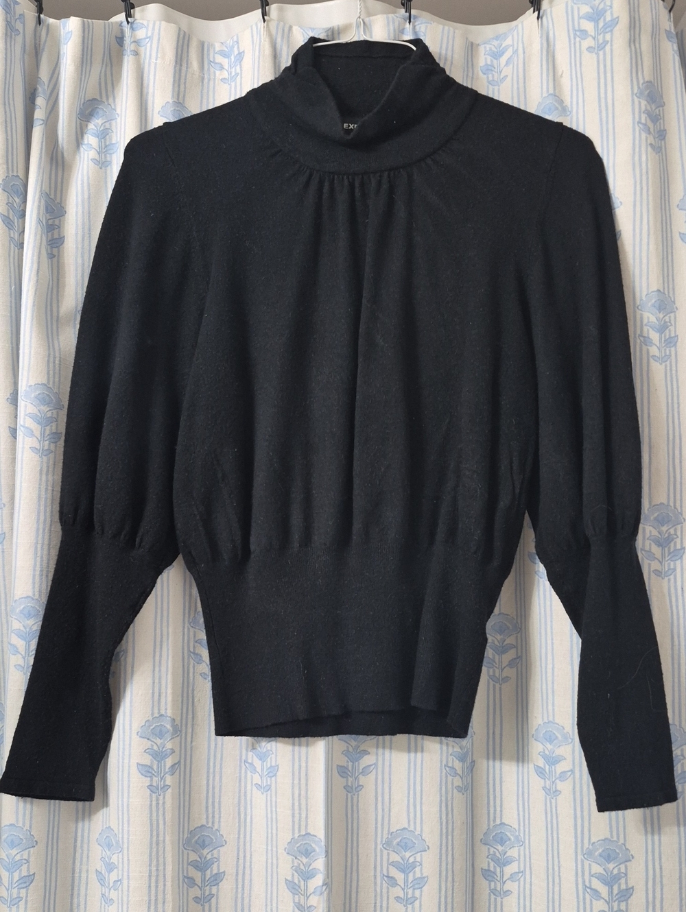 Express Black Mock Neck Gathered Puff Sleeve Ribbed Waist Knit Sweater Sz M